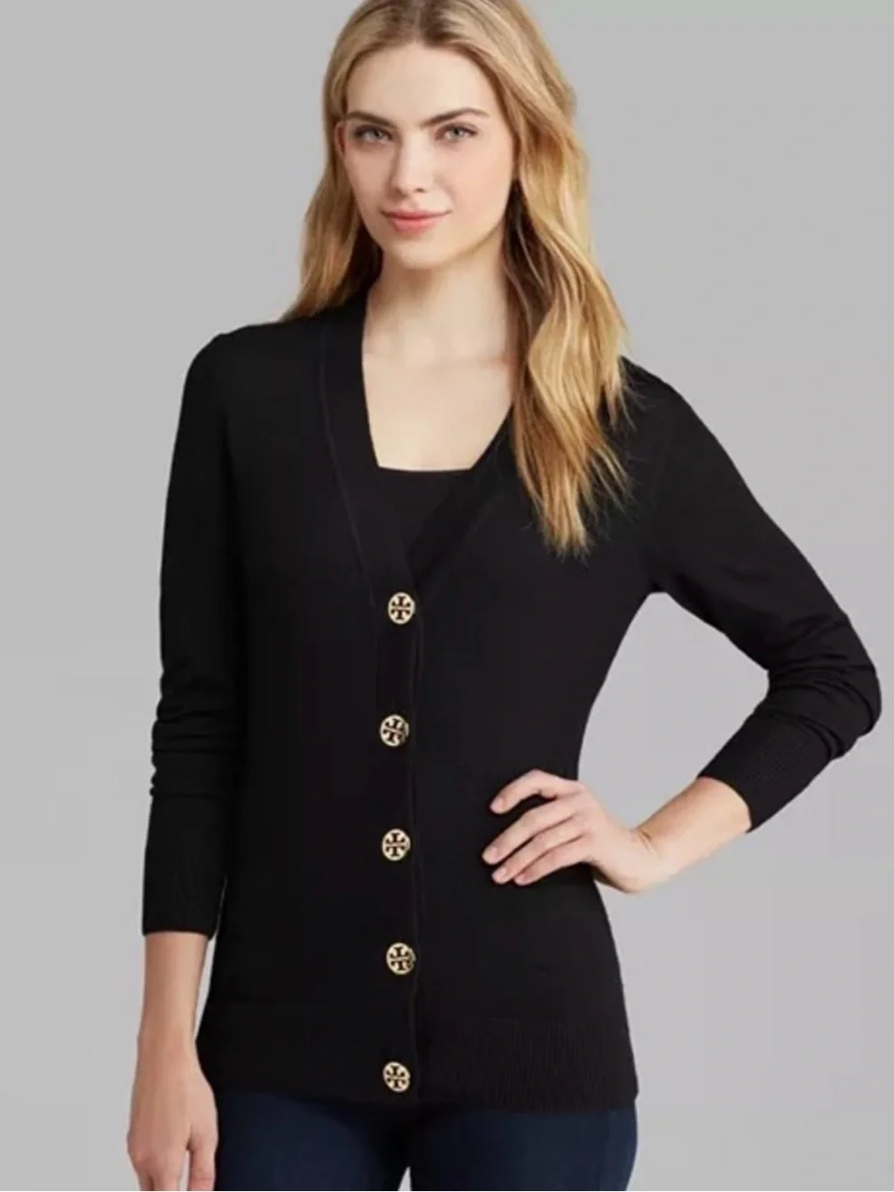 Tory Burch Black V-Neck Button-Front Cardigan Simone